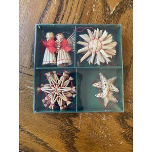 Vintage Straw Christmas Ornament Set With Angels & Stars